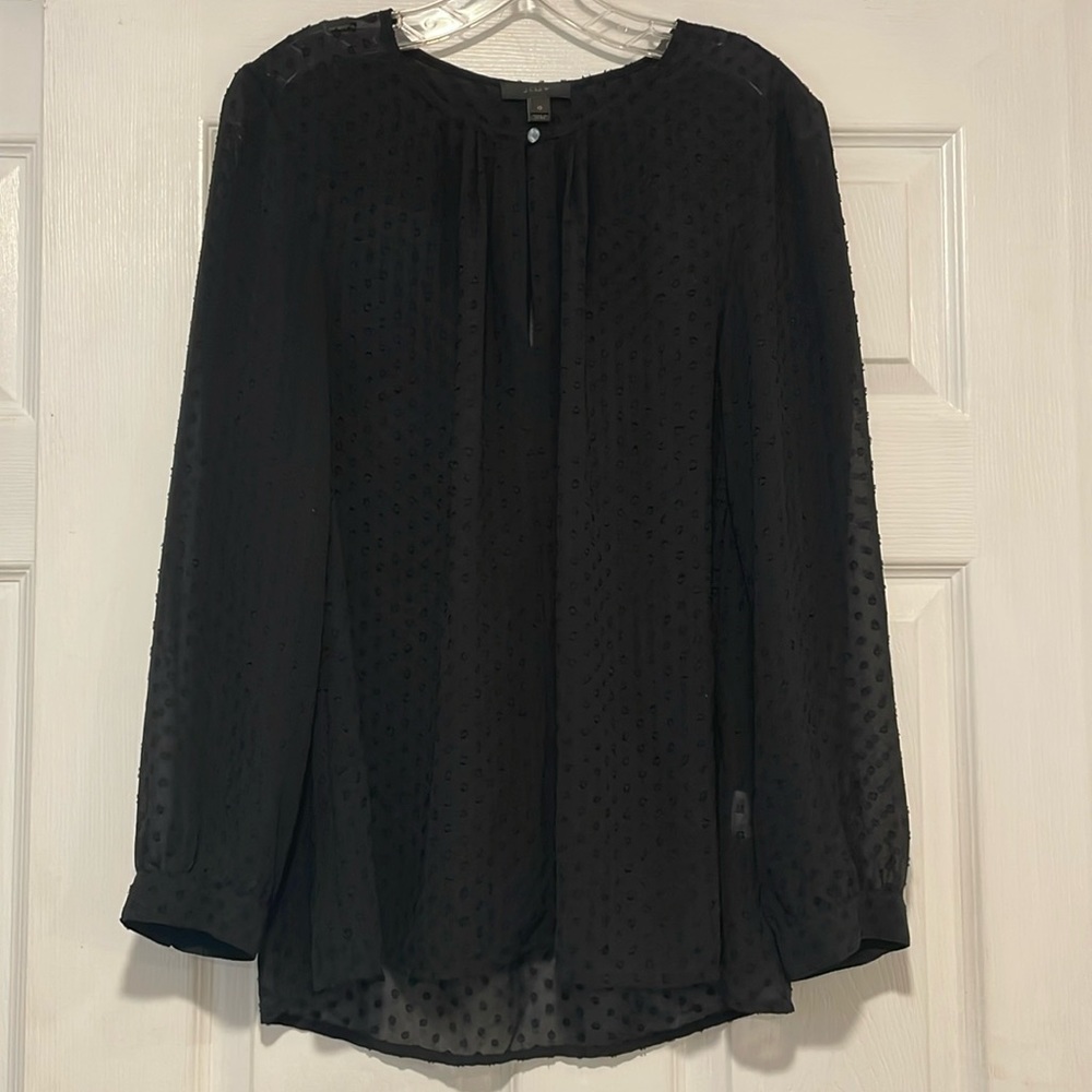 ✨J CREW Black Sheer Dotted Blouse with keyhole neckline size medium